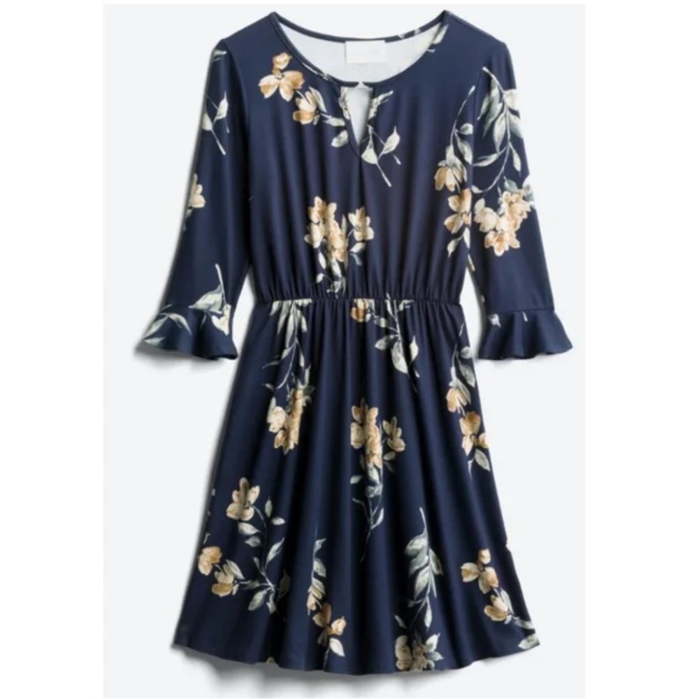 French Grey Navy Floral Long Sleeve Dress
